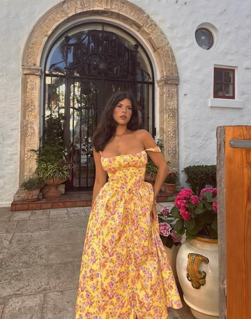 Cute A Line Spaghetti Strap Print Floral Yellow Satin Prom Dress Vacation Dress HZ1023